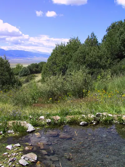 A natural pool with clear water is surrounded by greenery, bushes, and distant mountains under a cloudy blue sky.