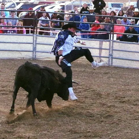 A cowboy jumps off a bull in an arena while spectators watch.