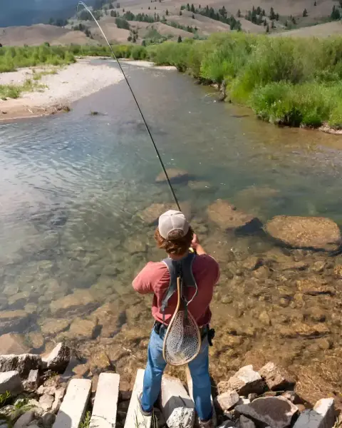 A person fly fishes in a river.
