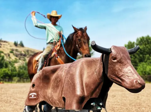 A cowboy on a horse prepares to throw a lasso toward a roping dummy.