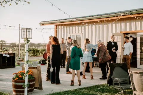 A group of people gathered outside a building during an event.