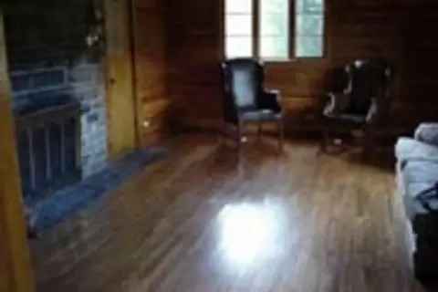 Interior view of a rustic room with wooden walls and a stone fireplace.