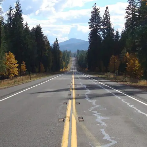 A long, straight highway stretches through a forest toward distant mountains under a cloudy sky.