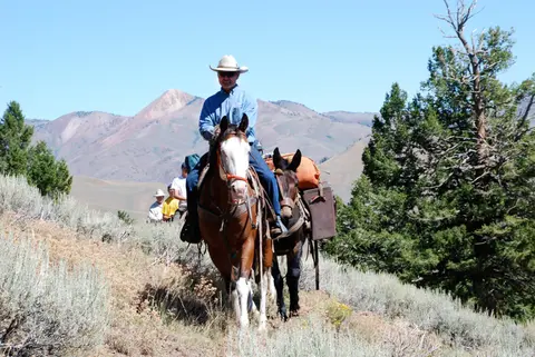 A man rides a horse with a pack animal in a mountainous landscape.