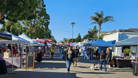 A street market with vendors and shoppers on a sunny day.