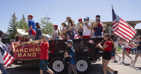 A marching band on a parade float.