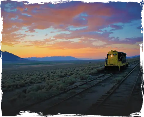 A train parked on tracks in a landscape with mountains under a colorful sunset sky.