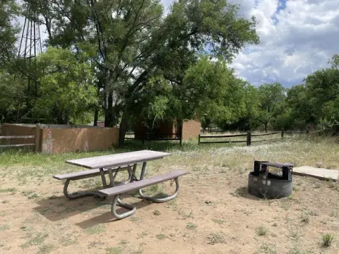 An outdoor picnic area with a wooden table, benches, and a fire ring.