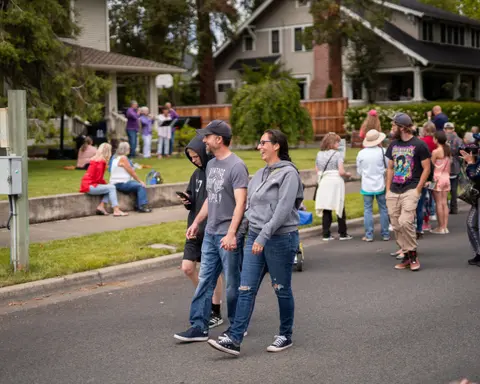 A family walks down a street together during an outdoor event.