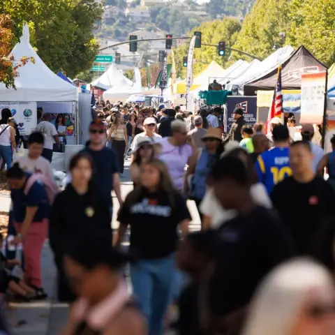 A large crowd walks along a street lined with vendor tents and booths.