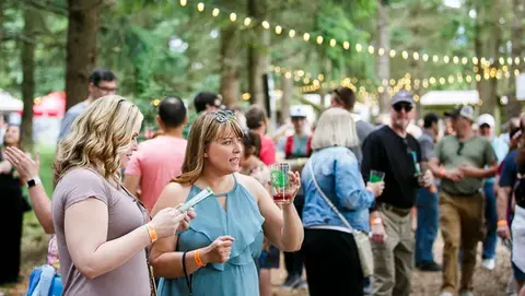 A crowd of people enjoying an outdoor festival among trees with string lights.