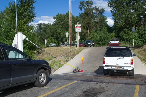 Vehicles deboarding the Wheatland Ferry.