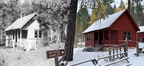 A split photograph showing a building in two different years.