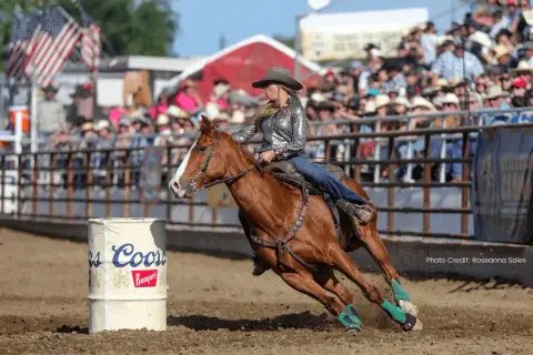 A cowgirl rides a horse around a barrel during a rodeo event.