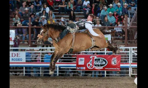 A cowboy rides a bucking horse in an arena while spectators watch from the stands.