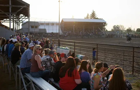A crowd of spectators watches an event from the stands at an outdoor arena.