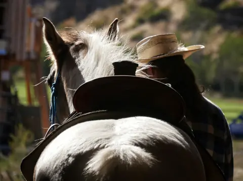 A person wearing a cowboy hat stands behind a saddled horse.