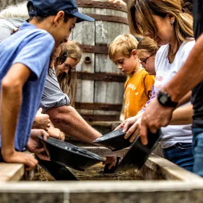 People pan for gold at a trough outdoors.