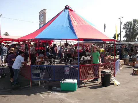 A pony ride carousel under a red and blue tent at an outdoor market.