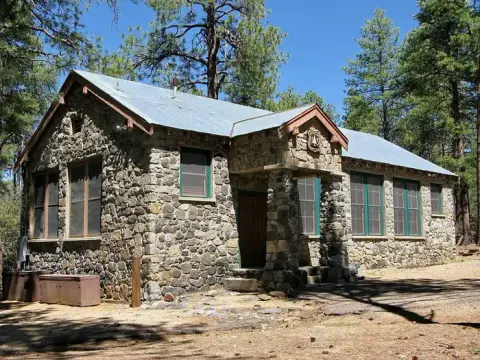 Exterior view of a stone building surrounded by pine trees under a clear blue sky.