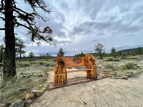 A carved wooden bench stands outdoors in a landscape under a cloudy sky.