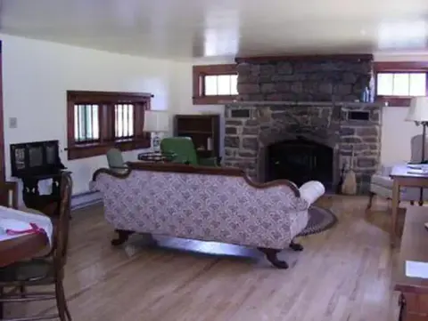 A living room with a stone fireplace and a patterned sofa.