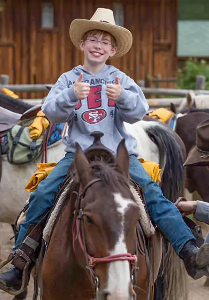 A smiling boy wearing a cowboy hat sits on a horse and gives a thumbs-up.