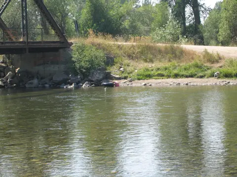 A person floats in an inner tube in a river near a metal bridge.