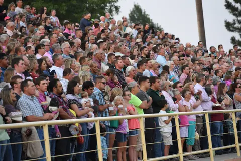 A large crowd of people standing and watching an event from bleachers.
