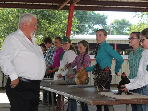 A judge looks at participants holding chickens at a competition.