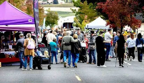 A crowd of people walking through an outdoor street market.