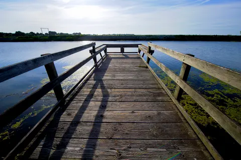 A wooden dock extends out over a body of water under a bright sky.