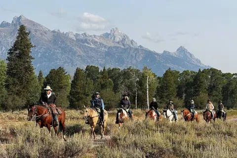 A group of people ride horses through a grassy field with mountains in the background.