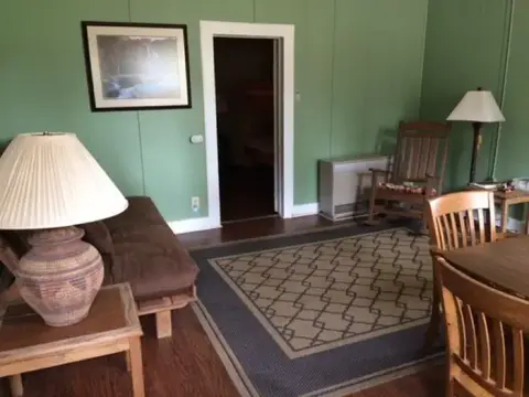 A living room with green walls, a couch, a rocking chair, and lamps.