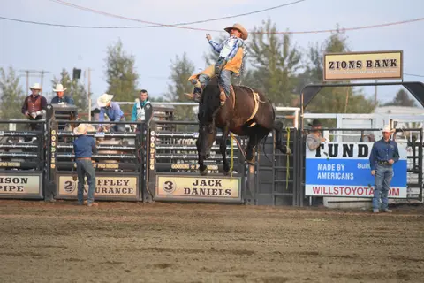 A cowboy rides a bucking horse in an arena while spectators watch.
