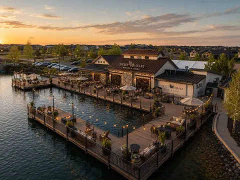 An aerial view of a winery and cidery with an outdoor deck on the water at sunset.