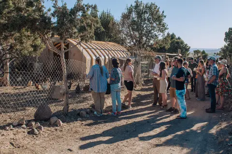 A group of people looking at chickens in a fenced enclosure near a building.