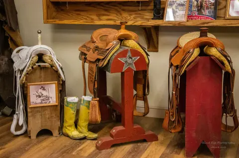 Three saddles displayed on wooden stands indoors.