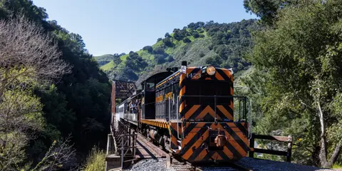 A train travels across a trestle bridge through a mountainous landscape.