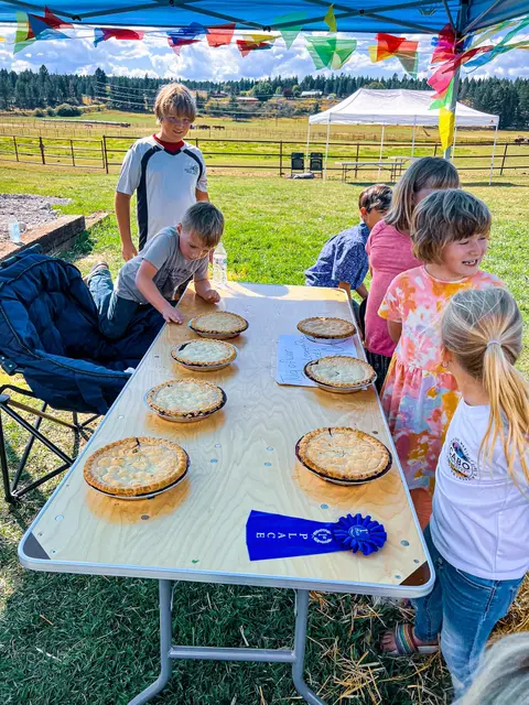 Children gather around a table with pies and a first place ribbon outdoors.