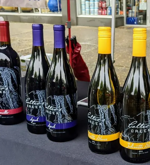 A row of wine bottles displayed on a table outdoors.