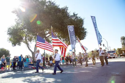 People carry flags in a street parade.