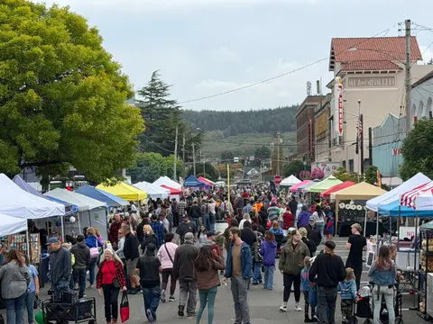 A large crowd of people walking among market tents lining a street in a town.
