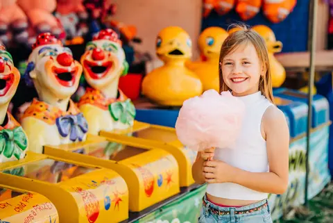 A young girl smiling while holding pink cotton candy at a carnival game booth.