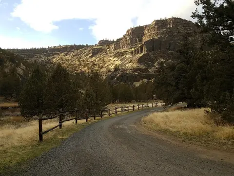 A gravel road curves through a landscape with trees, dry grass, and rocky hills.