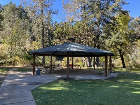 A covered picnic pavilion in a park surrounded by trees.
