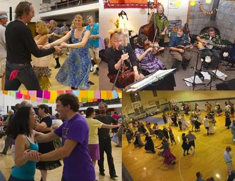 A collage of photographs shows people dancing and playing music indoors.