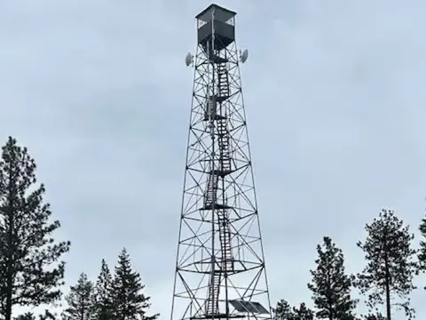 A tall metal fire lookout tower stands among pine trees under an overcast sky.