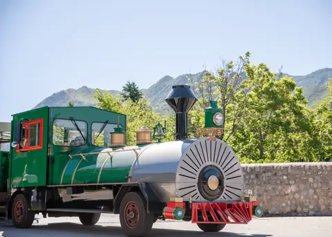 A green and silver train-style vehicle parked outdoors with mountains in the background.