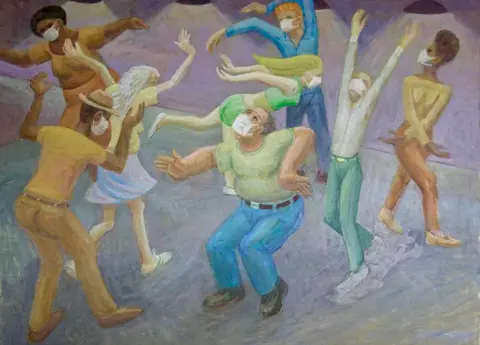 A painting showing people wearing masks while dancing.